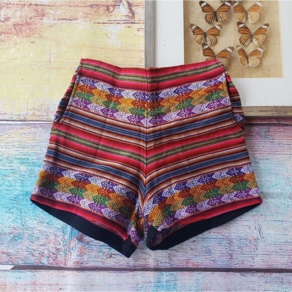 Boho Festival High Waist Embroidered‎ Woven Pocket Baja Shorts M Colorful Summer
